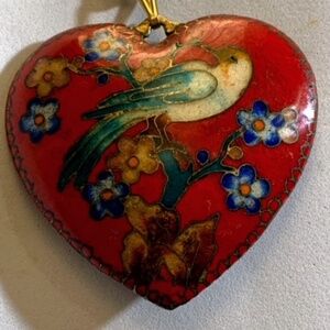 Vintage Red Cloisonne Reversible Heart Pendant GF